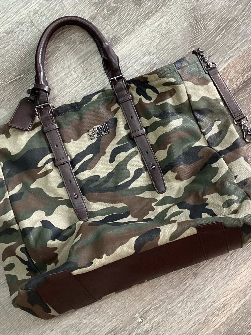 Cavalli Class Camouflage Canvas Tote Bag | Large Foldover Shoulder Bag